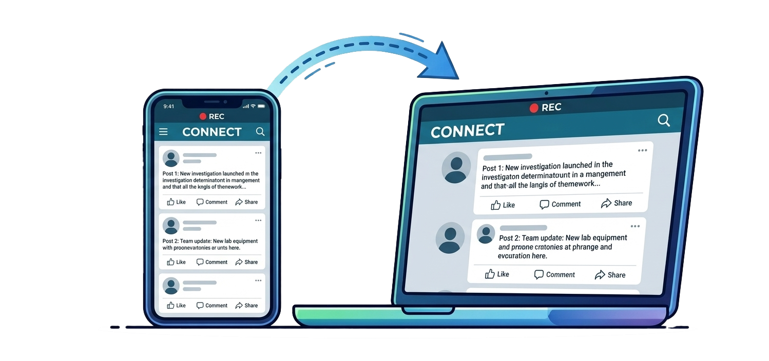 Clipart showing live phone mirroring from a mobile phone to a computer