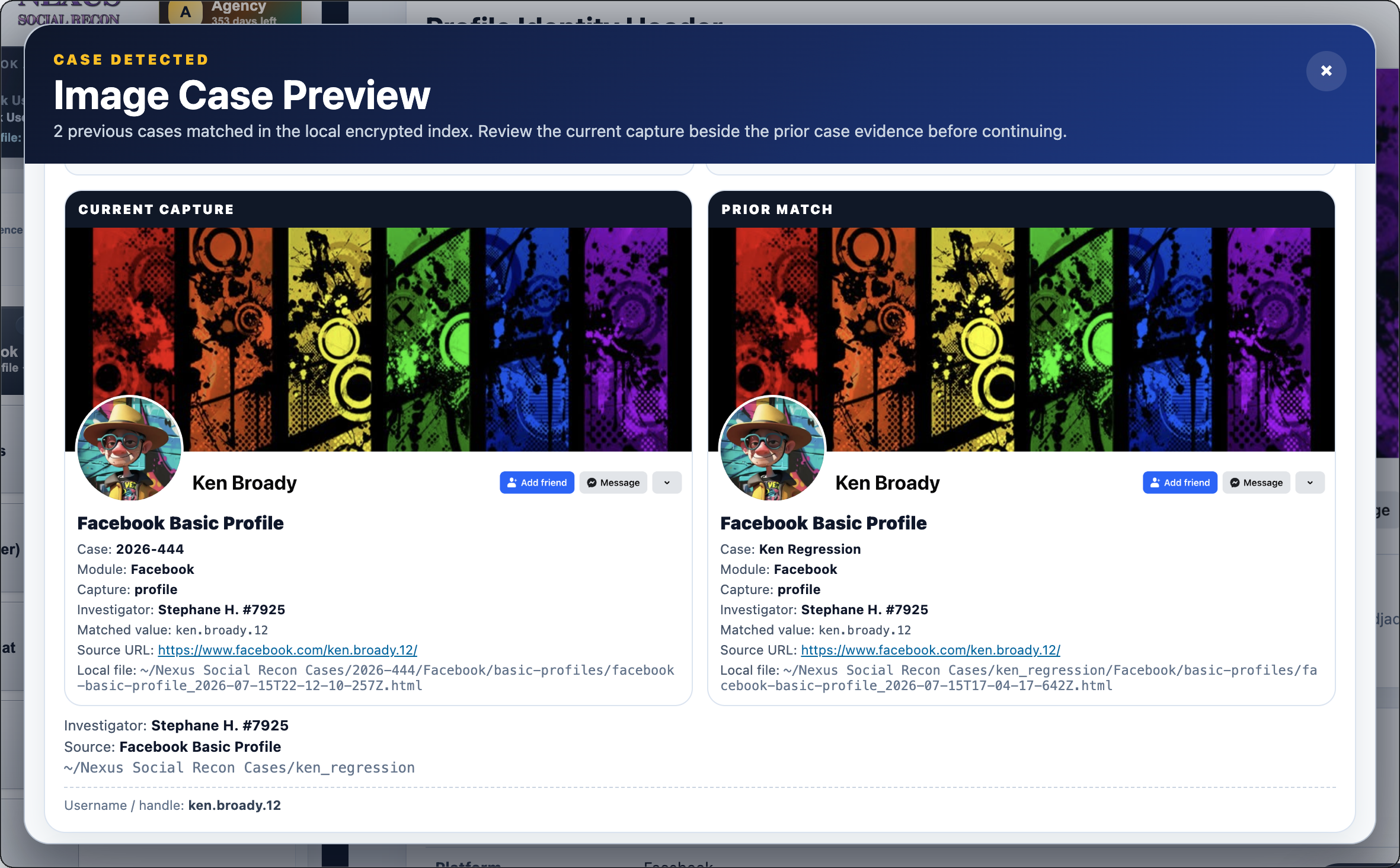 Nexus Social Recon Image Case Preview comparing a current profile capture with prior case evidence
