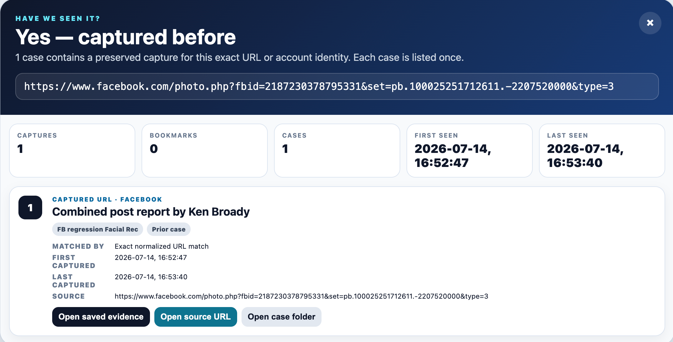 Nexus Social Recon alert showing that an exact source URL was captured in a previous case